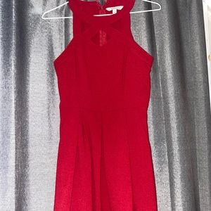 Red formal dress, halter top design.